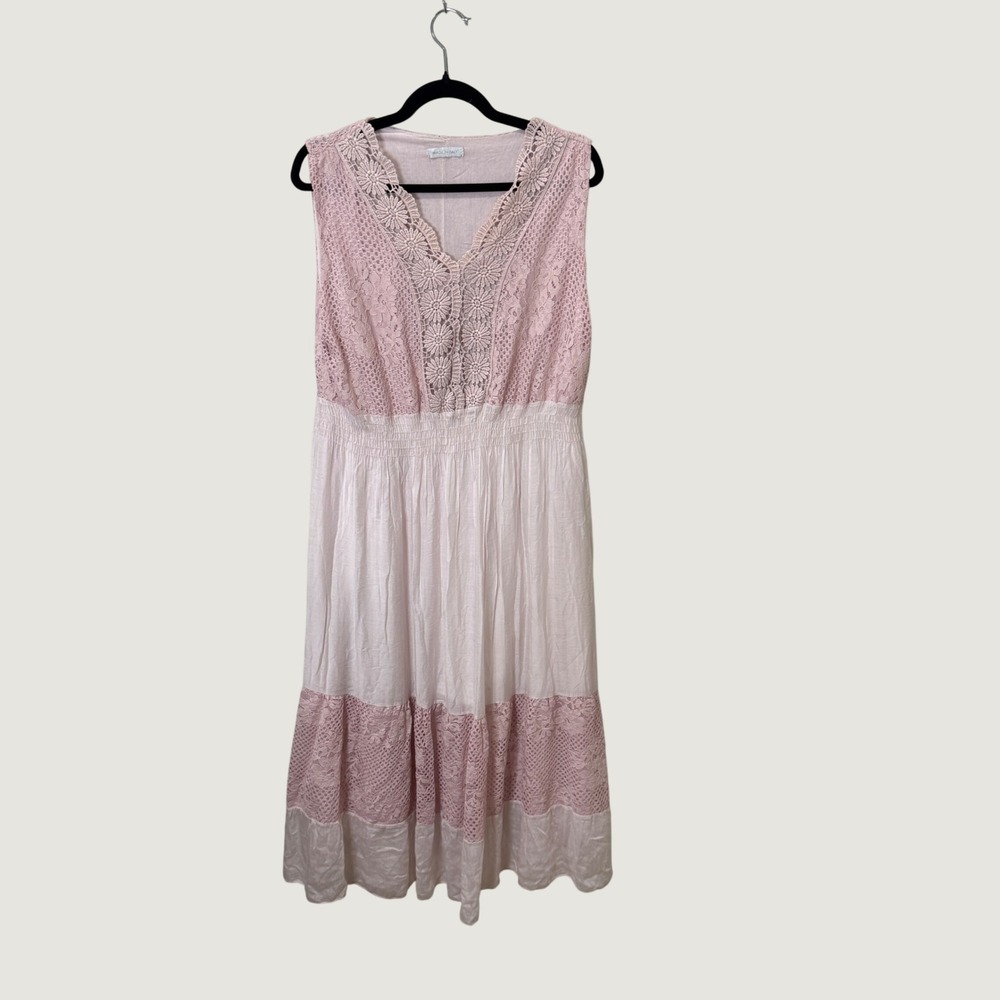 Made in Italy Pink Lace Maxi Dress Large Lagenlook Romantic Cottagecore Coquette